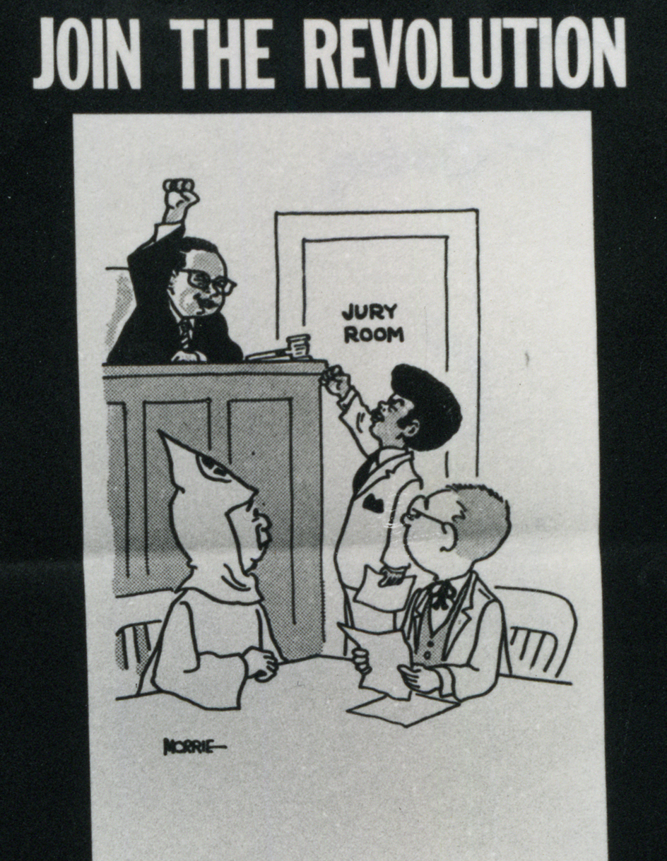 Black and white poster which reads "JOIN THE REVOLUTION." Below the text is a cartoon of a Black judge and attorney raising their fists in the air. A white attorney and his client, a man in KKK robes, sit in the foreground.