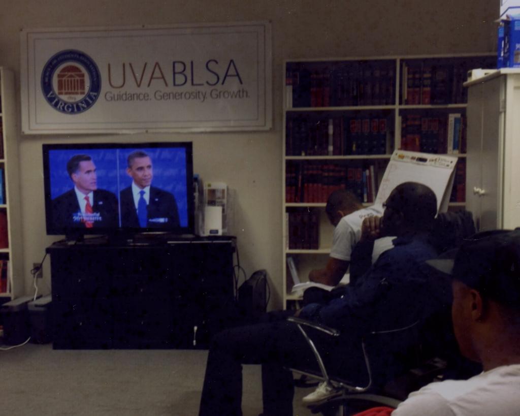 BLSA members watch a presidential debate in the BLSA office, 2012, Records of BLSA.