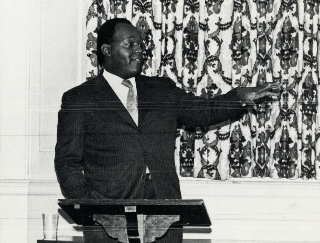 Lonnie C. King, president of Atlanta NAACP, recounts the history of the Atlanta Coalition on Broadcasting at the first BALSA speaking program, February 1971, Records of the Virginia Law Weekly.