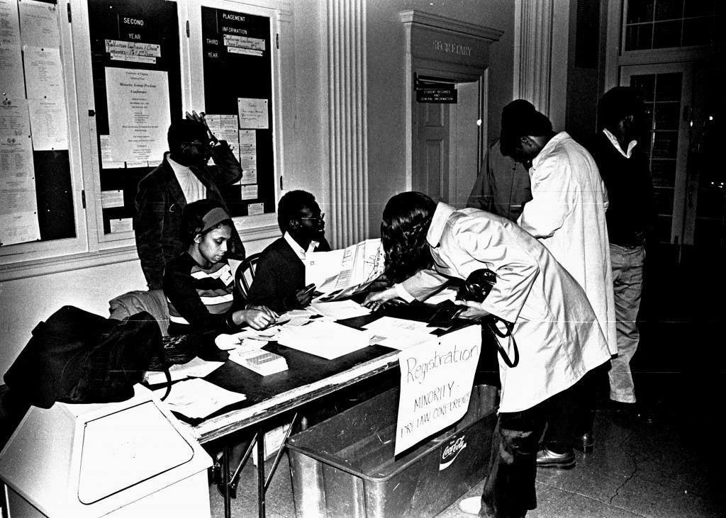 Minority Pre-Law Conference registration table, 1971, Law Archives.