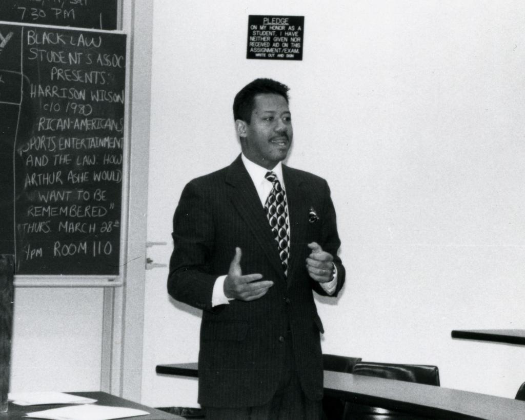 Harrison Wilson ’80, father of NFL quarterback Russell Wilson, speaks about the African-American Sports Hall of Fame at a BLSA event in 1995, Law Archives.