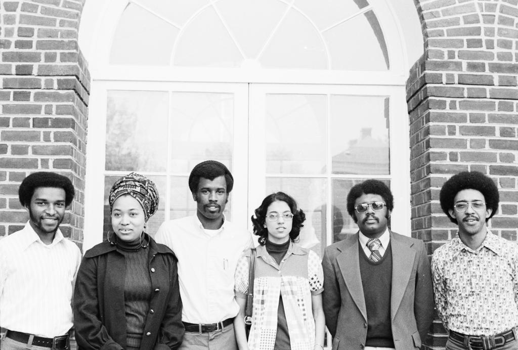 BALSA officers for 1974-1975, left to right: Bruce A. Atkins, Bensonetta E. Tipton, Dennis L. Montgomery, Arelia S. Langhorne, John C. Thomas, Joel C. Cunningham, Records of the Virginia Law Weekly.