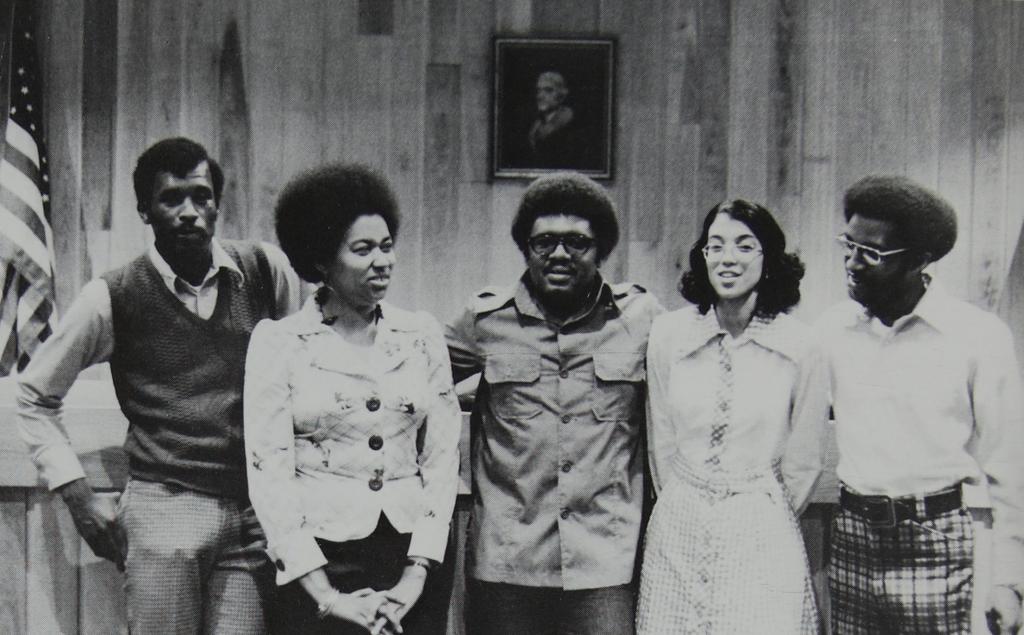 BLSA executive board; left to right: Dennis Montgomery, Bensonetta Tipton, John C. Thomas, Arelia Langhorne, Bruce Atkins. 1975, Barrister (Law School yearbook).