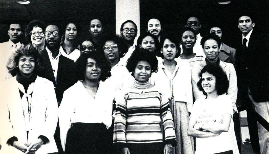 BLSA members; First row, left to right: Dinitri McGhee, Sheila Witherspoon, Carolyn Ayres, Martha Rodriguez; Second row: James Hall, Carmen Johnson, Karen Williams, Nancy Griffin, Deborah Jenkins, Deborah Sandifer, Grace Belches; Third row: Raymon Palmer, Lynn French, Cheryl Bass, Michael Turner, John Harris, Pete Parker, David Sylvester, Eric Vickers, Glenn Carrington. 1979, Barrister (Law School yearbook). 