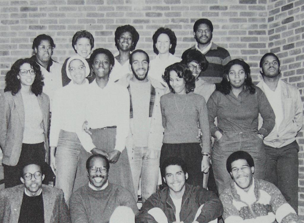 BLSA members, left to right; First row: Butch Hollowell, Phil Davis, Greg Whitehead, Rod Ruffin; Second row: Desiree Cooper, Celeste Redmond, Agnes Alexis, Morris Parker, Debbie Awai, Lillian Brown, Pam Lassiter, Von Castilla; Third row: Edith Hull, Eva Chess, Colette Wallace, Carolyn Fletcher, Alveno Castilla. 1983, Barrister (Law School yearbook).