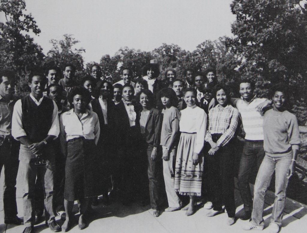 BLSA members, left to right; First row: Butch Hollowell, Carolyn Tillman, Da'aga Hill, Margaret Cain, Anita Eley, Nellie Mitchell, Marva Camp, Debbie Awai, Marvin Smith, Colette Wallace; Second row: Cesar Torres, Richard Patrick, Agnes Alexis, Lisa Eldridge, Carol Harrison, Michael Ross, Quinton Bowman, Alveno Castilla; Third row: Kraig Kibble, Bernard Goodwyn, Emmitt Carlton, Morris Parker, Beryl Anderson, Celeste Redmond, Sandy Ross, Cecile Scoon. 1984, Barrister (Law School yearbook).