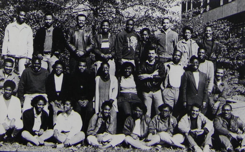 BLSA members, left to right; Front row: Veronica Saxton, Dimetria Jackson, Kimberly Gee, Melbra Giles, Glynn Key, Lisa Wilson, Christopher Payne, Charles Durant; Second row: Dean Forbes, Carlton Reeves, Felicia Washington, George Braxton, Jana Bragg, Melinda Woods, Robert Brown, Clarence Gary, Kimberly Hart, Kenneth Wheeler, Vincent Mathis; Third row: Errol Phipps, Robert Long, Montee Wynn, Kevin Carter, Michael Smith, Melanie Fields, Glenn Walters, Lily Graves, Terrence Graves. 1989, Barrister (Law School yearbook).