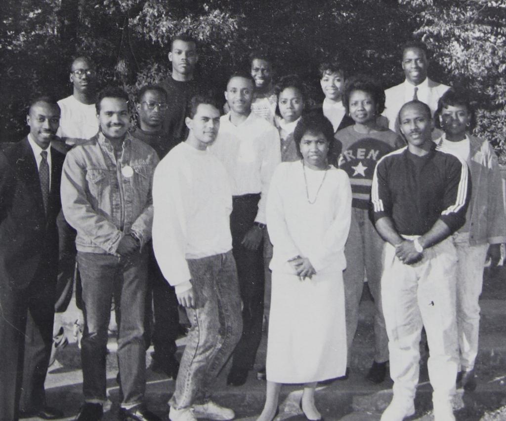 BLSA members, left to right: Front row: Terrence L. Graves, Dean C. Forbes, Christopher Payne, Divana R. Speight, Charles W. Durant; Second row: Jeremiah DeBerry, Kevin C. Bruce, Jana Bray, Naila Ahmed, Felicia Washington; Third row: Jason Murray, George P. Braxton II, Michael Wells, Solange N. Grey, Kenneth E. Wheeler. 1990, Barrister (Law School yearbook).