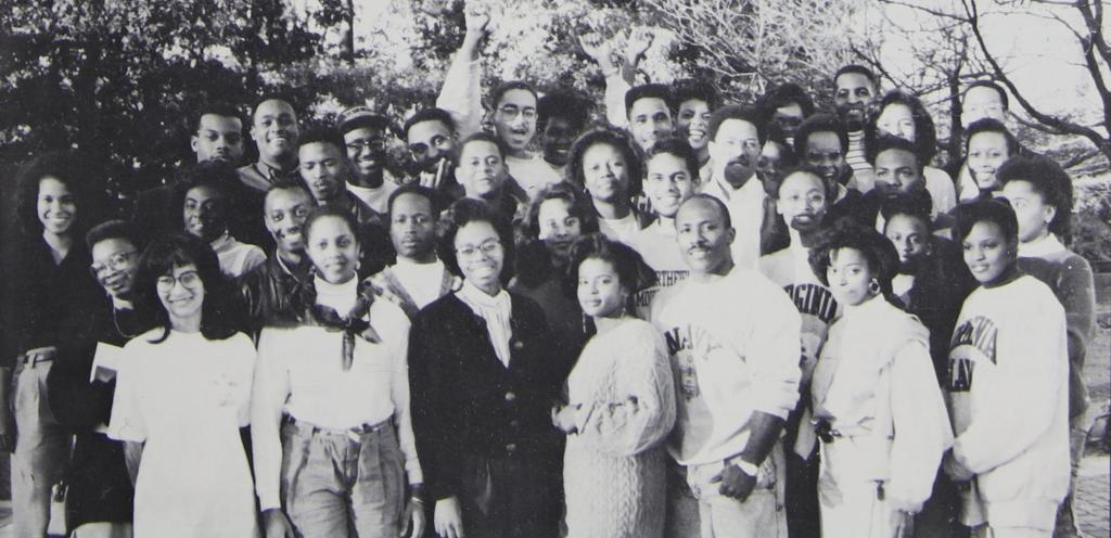 BLSA members, left to right; Front row: Rene Cabral-Daniels, Christa Speight, Jana Bray, Kimm Gee, Charles Durant, Tasha Perdew, Lissa Shella; Second row: Yvette Gibbons, Terrence Graves, Jeremiah DeBerry, Angela Clark, Christopher Payne, Regina Clark, Stephanie Stephens; Third row: D. Williams, Carla Tademy, Ernest Sanders Jr., Darryl Hobbs, Naila Ahmed, Gregory Jones, Chuck Wilson, Lindal Scott; Fourth row: George P. Braxton, Jason Murray, Kevin C. Bruce, Brian D. Poe, Kelly Martin, Traci Williams, Tracy Preston, Cecil Wills; Fifth row: Cotie Jones, Kwame Nkrumah, Tonya Lewis, Glynda Poydras, Jackie Wilson, Donnell Turner. 1991, Barrister (Law School yearbook).