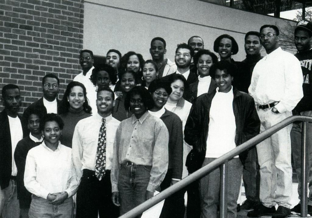 BLSA members, left to right: Eric Croone, Stephanie Stephens, Sharon Matthews, Rodney Floyd, Lisa Patrick, Kevin Foreman, Jacqueline Wilson, Kimberly Clark, Veronique Pluviose-Fention, Lillyanne Alexander, Trey Muldrow, Carl Davis, Kimyotta Hankins, Serena Morales, Janice Johnston, Wendy Bridges, Guy Flynn, Eduardo Drake, Karla Smith, Junius Putney, Jessica Dixon, Eric Broyles, Malik Crawford, Lavatus Powell. 1993, Barrister (Law School yearbook).