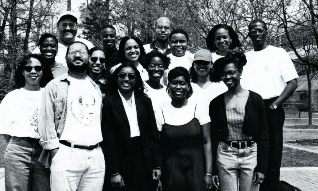 BLSA members, left to right; Front row: Karen Brown, Wilfredo Pesante, Michelle Campbell, Johnnie Postell, Nancy Exume; Second row: Brenda Dorsett, Victoria Pearson, Fania Washington; Third row: LaKeisha Bryant, William Loman; Fourth row: Sidney Williams, Riche McKnight, David Collins, Kathryn Beverly, Salmon Shomade. 1995, Barrister (Law School yearbook).