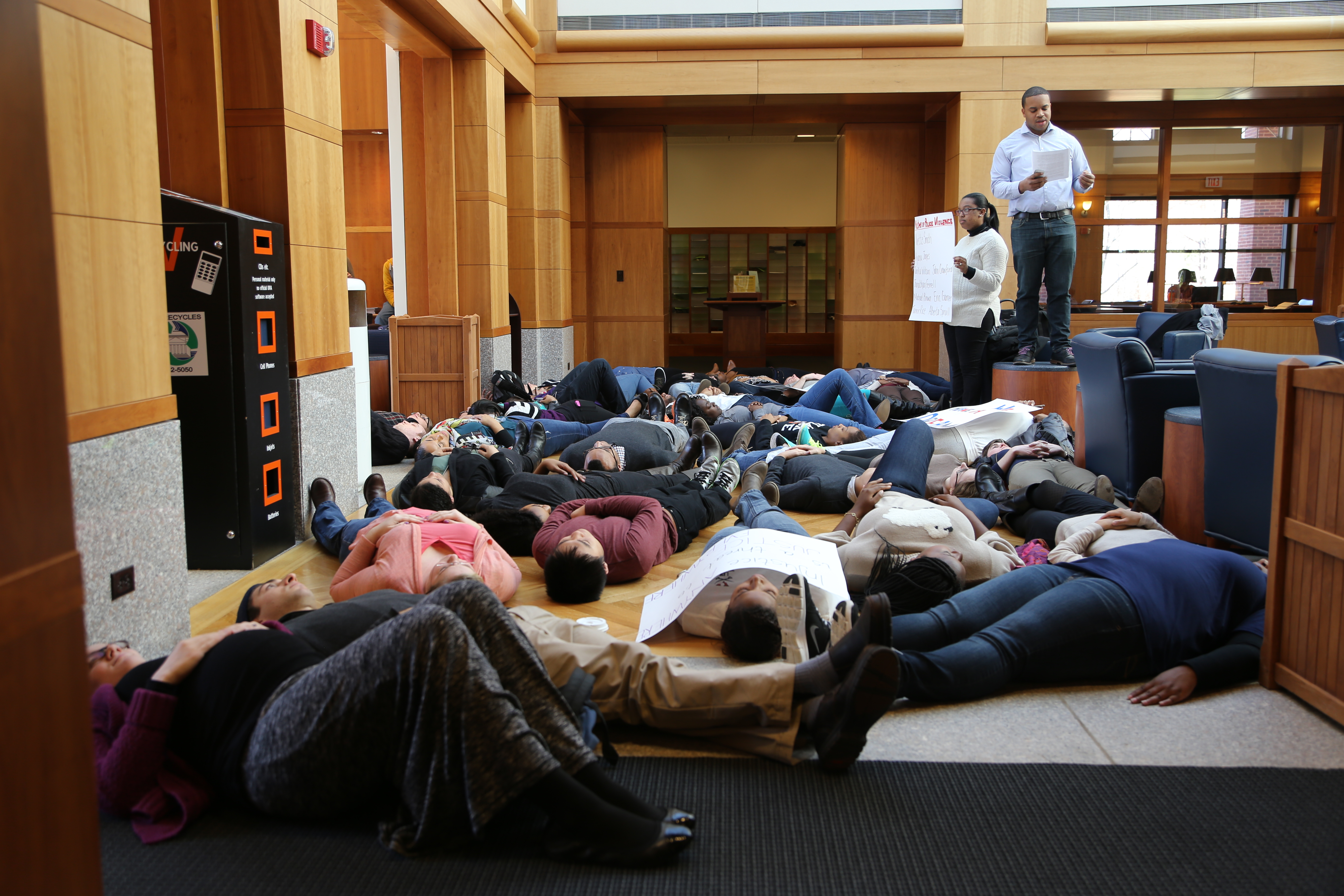 Students participate in a "Die-in" at the UVA Law School to protest police killings of African Americans.