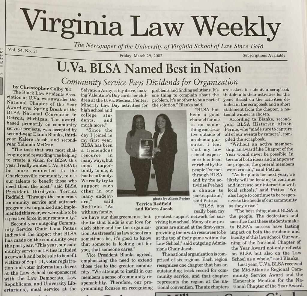 BLSA wins NBLSA Chapter of the Year for the first time in 2002, Records of the Virginia Law Weekly.