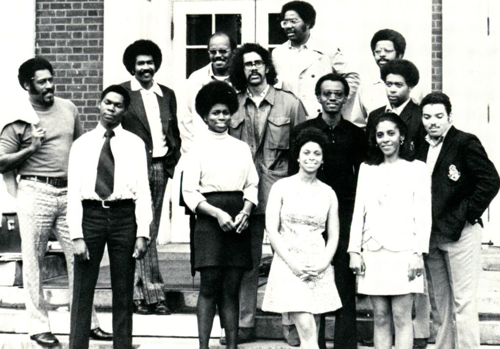 BLSA members; Front row, left to right: Gloria Bouldin, Jean Roane. Second row: Ray Jackson, Gwen Jones, Art McFarland, John Scott. Third row: Chuck Walker, Al Williams, Joe Bass. Fourth row: Bobby Vassar, Jim Winstead, Jack Gravely, Charles Chambliss, 1972, Barrister (Law School yearbook).