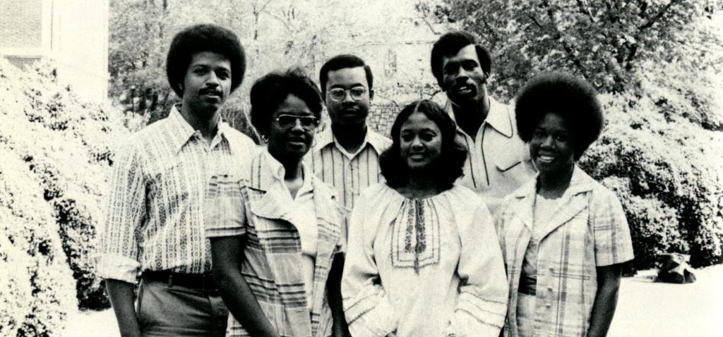 BLSA executive board; left to right: Ron Wesley, Delores Boyd, Kester Crosse, Jan Freeman, Dennis Montgomery, Sheila Lee. 1974, Barrister (Law School yearbook).